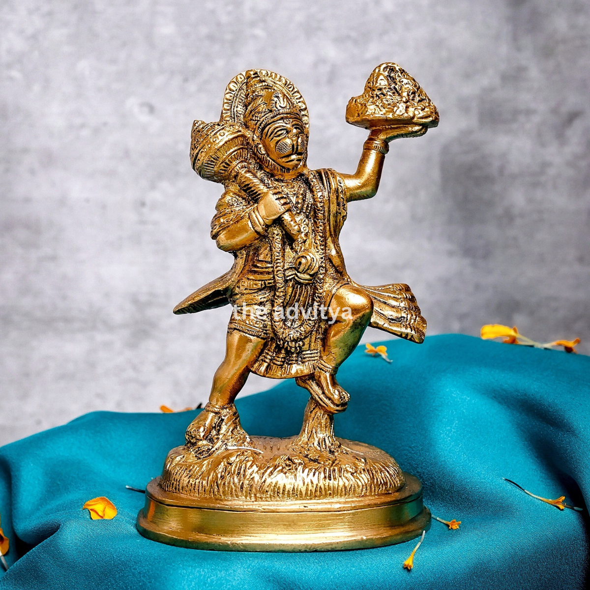 Brass standing Hanuman idol with Sanjeevani mountain front view
