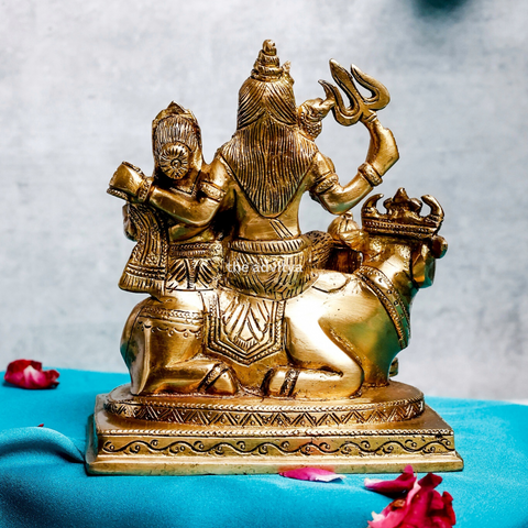 Back view of brass Shiv Parivar murti with Nandi showing sculpted finish.