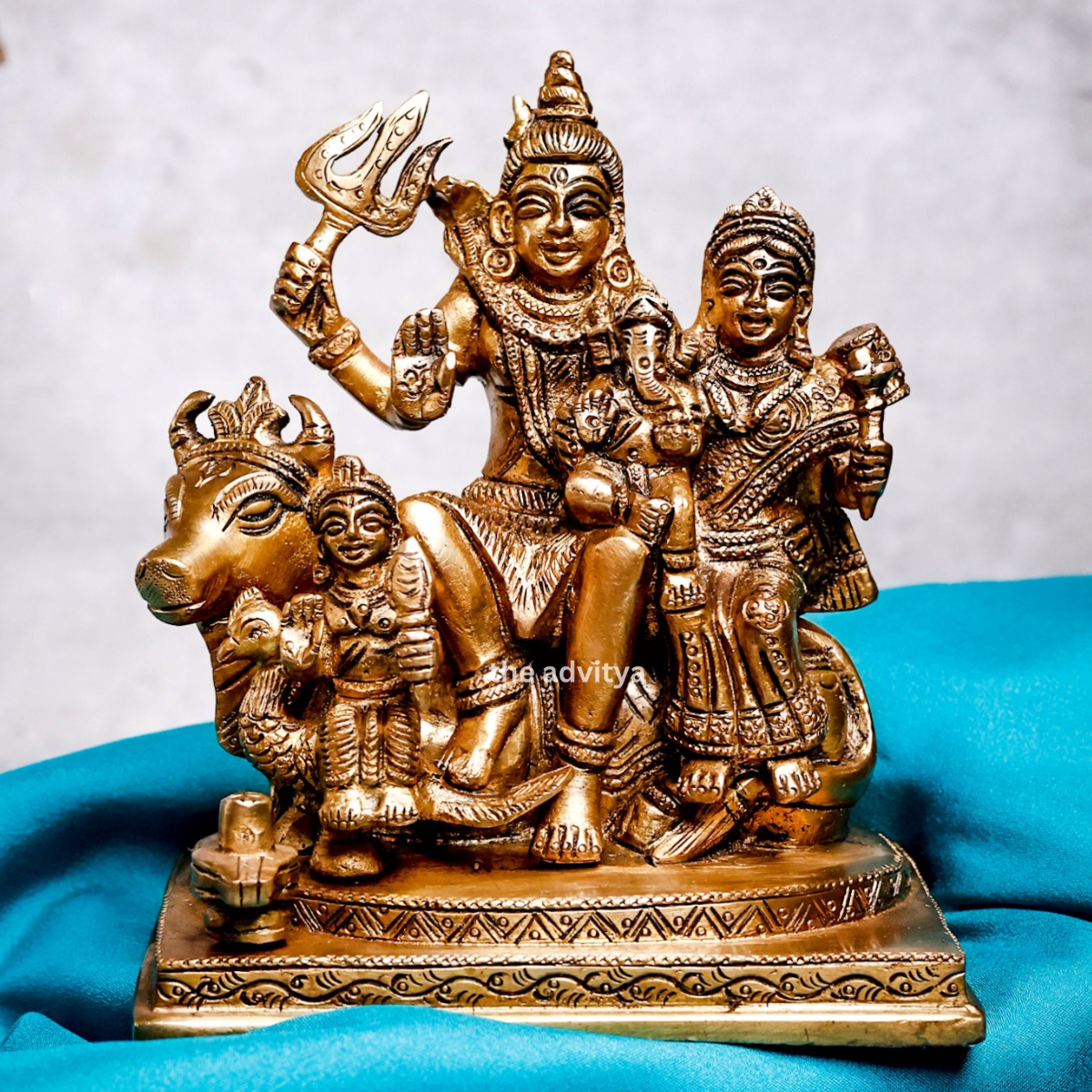 Shiv Parivar murti with Nandi front view showing Lord Shiva family in brass.